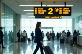 Voyageuse japonaise avec valise dans le hall des arrivées de l'aéroport de Narita Tokyo, suivant les panneaux vers les transports en commun