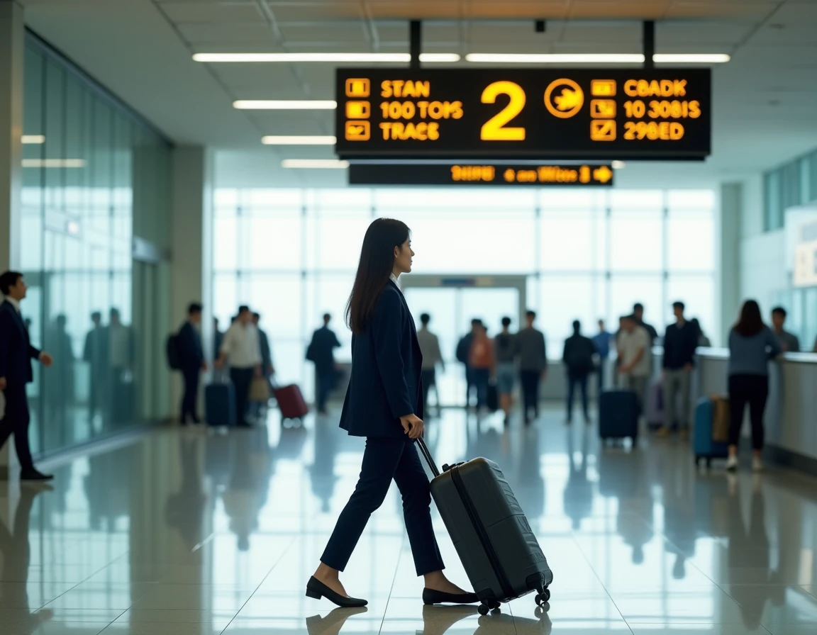Voyageuse japonaise avec valise dans le hall des arrivées de l'aéroport de Narita Tokyo, suivant les panneaux vers les transports en commun