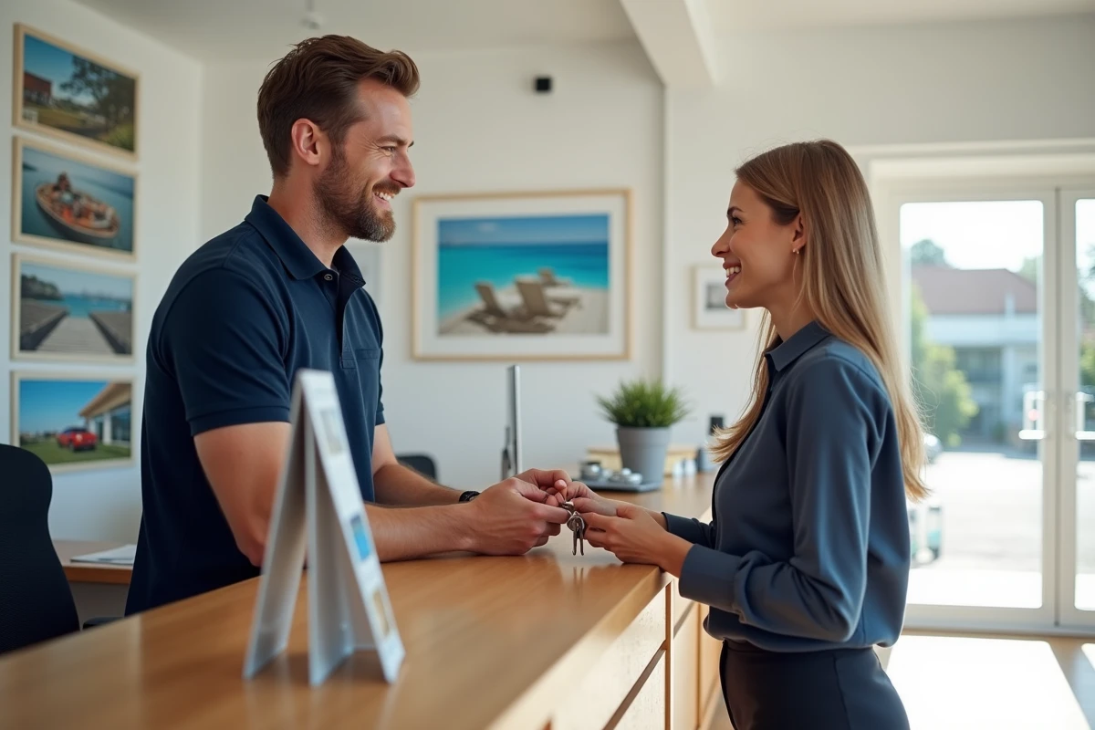 Remise de clés dans une agence de location de vacances proposant des solutions comme Locasun