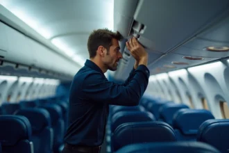 Agent de bord Delta Air Lines en uniforme marine ajustant les compartiments à bagages dans une cabine d'avion moderne