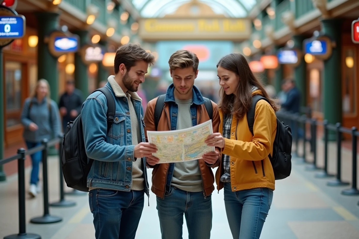 Trois amis regardant une carte du parc avec curiosite
