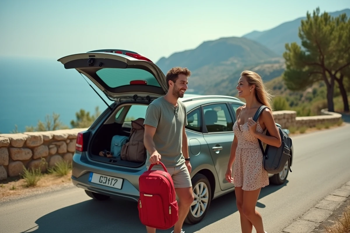 Amis chargant sac à dos sur voiture en Sicile