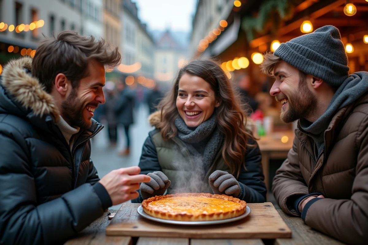 Groupe d'amis partageant une tarte flambée dans un marché de Nouvel An à Strasbourg à petit budget