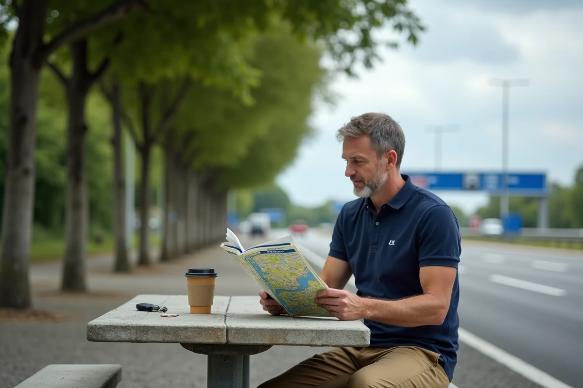 Homme étudiant un atlas routier Michelin à une table de pique-nique d'une aire de repos d'autoroute