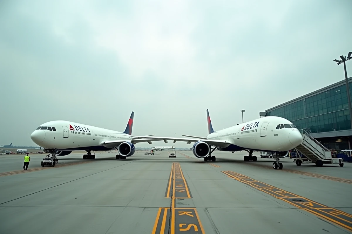 Avion Delta Air Lines et appareil d'une compagnie européenne côte à côte sur le tarmac d'un aéroport international
