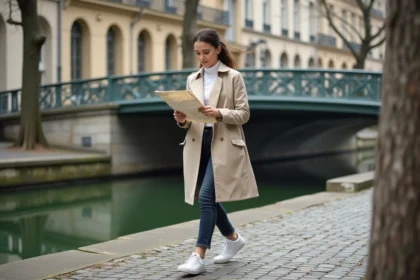 Femme se promenant le long du Canal Saint-Martin à Paris avec une carte à la main, balade à pied depuis la gare du Nord
