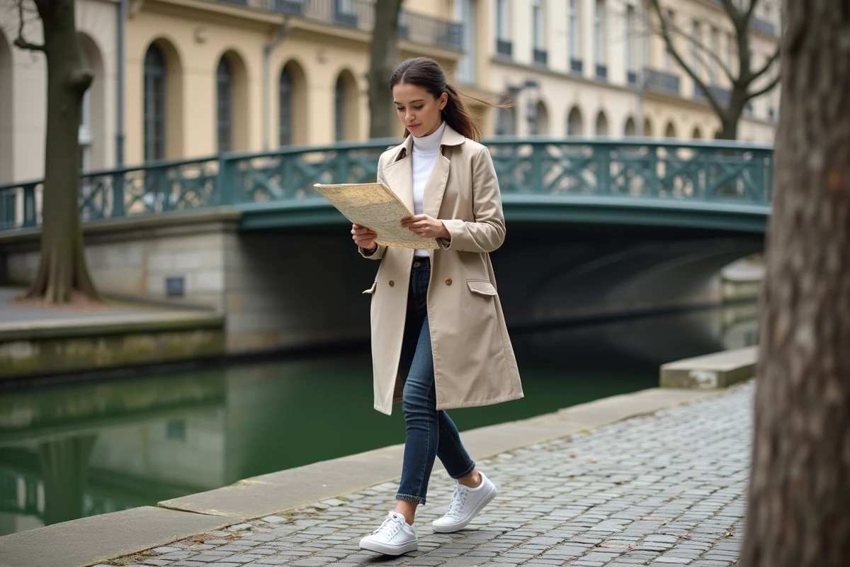 Femme se promenant le long du Canal Saint-Martin à Paris avec une carte à la main, balade à pied depuis la gare du Nord
