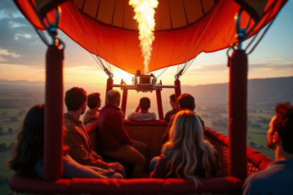 Intérieur d'une montgolfière au lever du soleil avec passagers