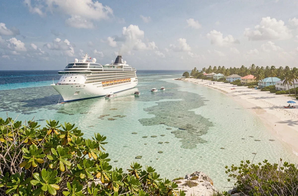 Bateau de croisière ancré dans un lagon turquoise des Bahamas avec plage de sable blanc