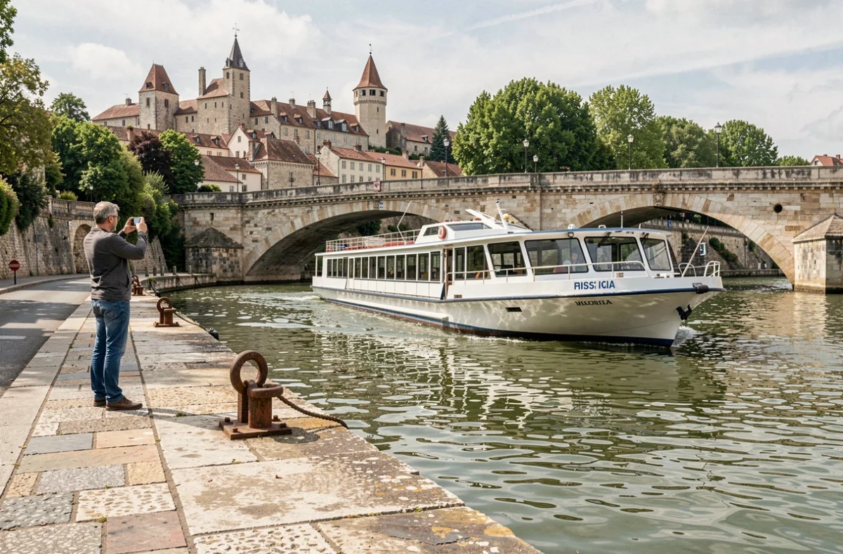 Bateau de croisière fluviale passant sous un pont en pierre historique vu depuis les quais de la rive gauche d'une ville française