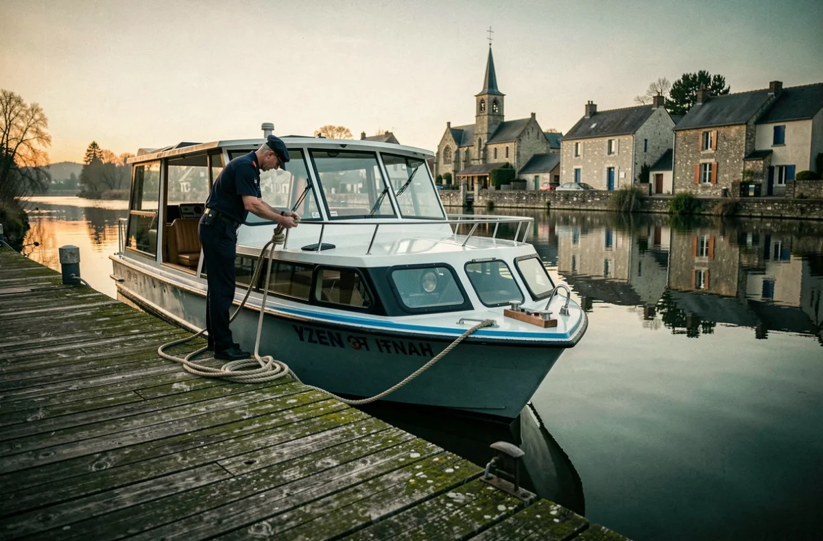 Bateau Izenah amarré à un quai en bois dans un village fluvial français au crépuscule
