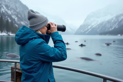 Femme regardant des baleines beluga avec des jumelles sur un bateau
