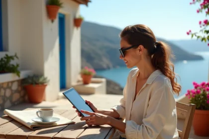 Femme consultant un blog de voyage sur tablette dans un café méditerranéen avec vue sur la mer