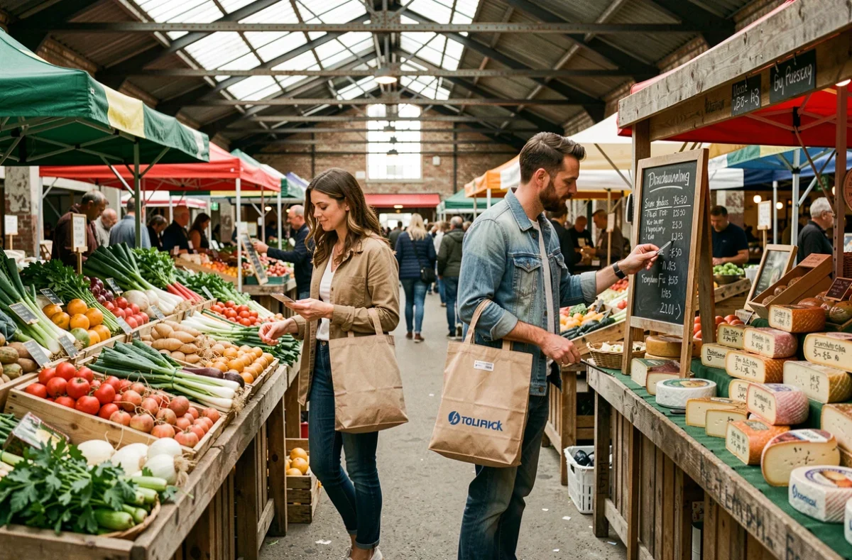 Couple faisant leurs courses dans un marché couvert à Eindhoven en comparant les prix des produits locaux