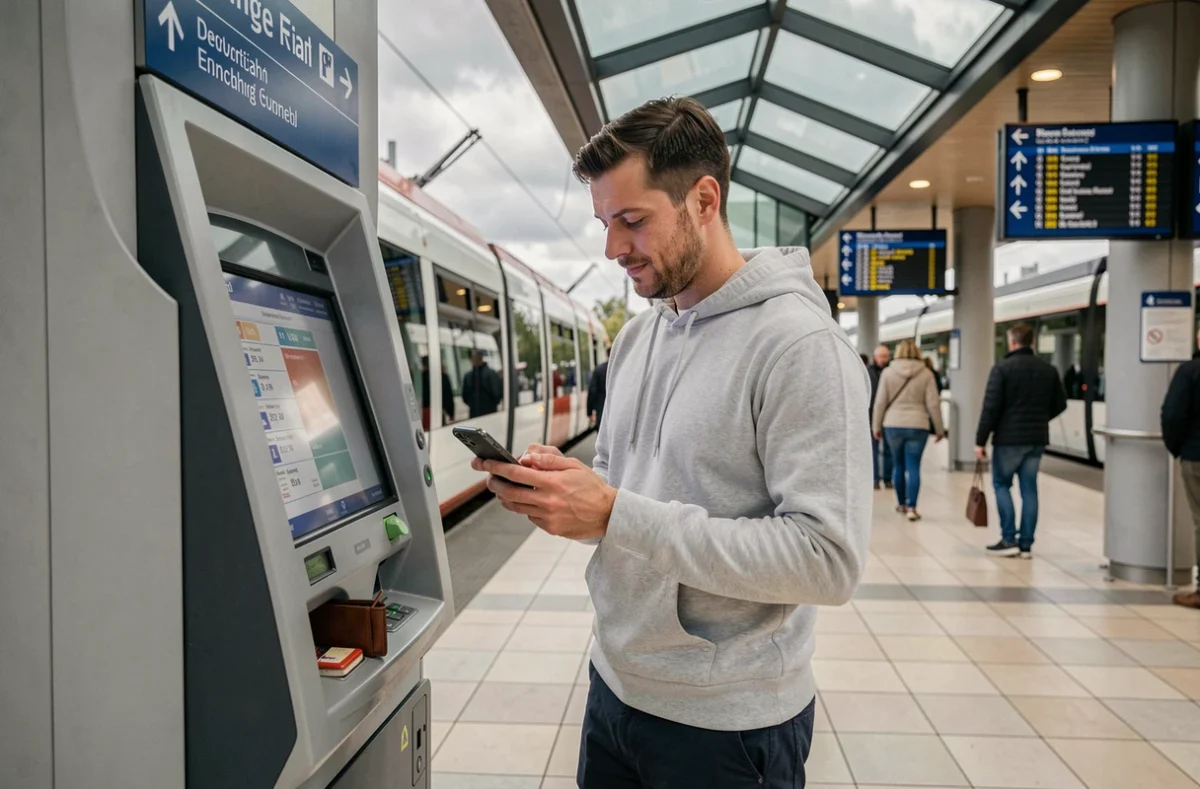 Homme consultant les tarifs de transport en commun à un distributeur de tickets dans une gare d'Eindhoven