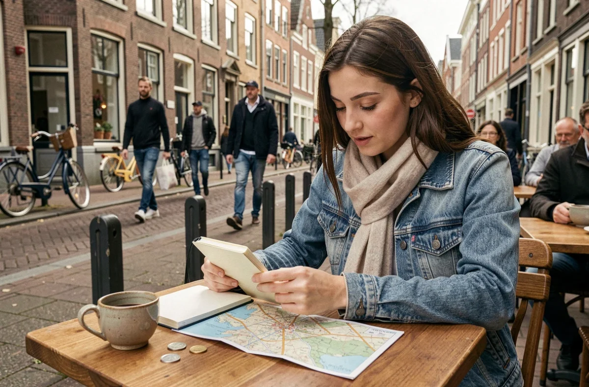 Femme consultant un carnet de voyage et une carte dans un café en terrasse à Eindhoven avec des pièces d'euros sur la table