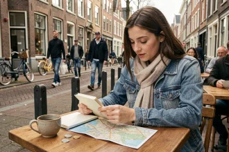 Femme consultant un carnet de voyage et une carte dans un café en terrasse à Eindhoven avec des pièces d'euros sur la table