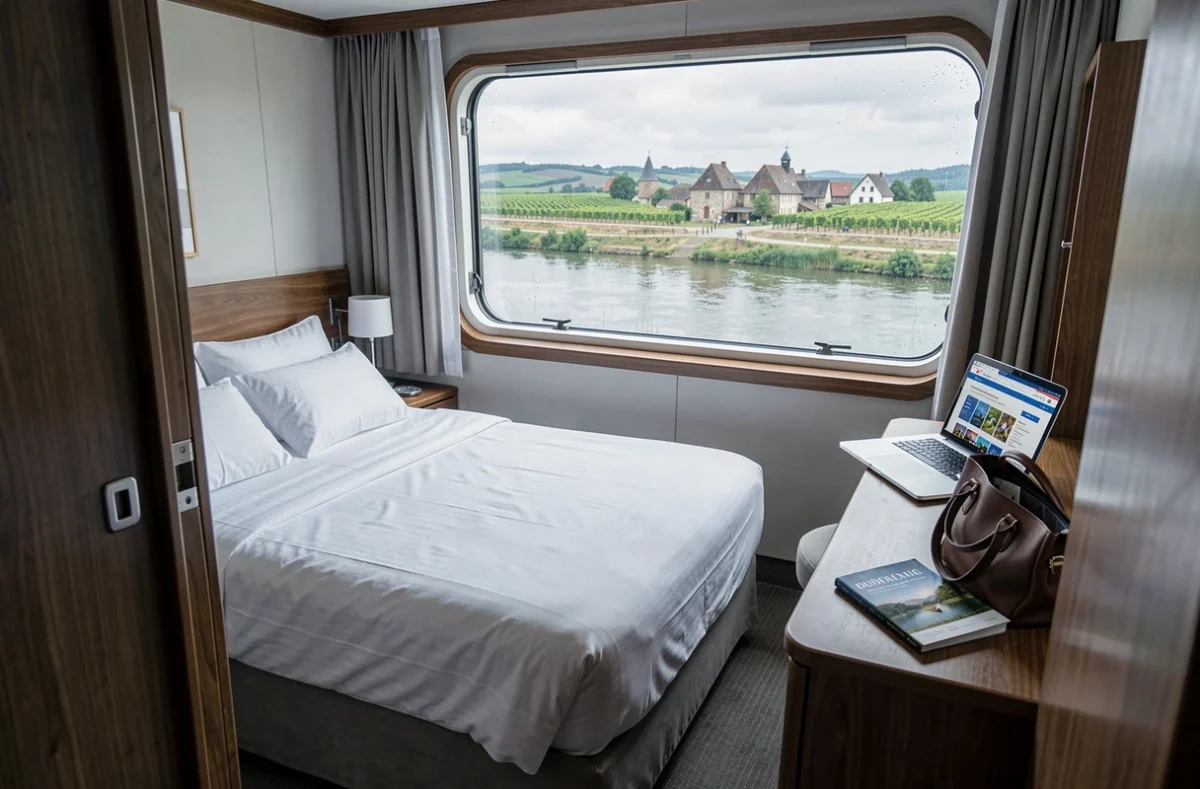 Cabine intérieure élégante d'un bateau de croisière fluviale avec vue panoramique sur la rivière et vignobles
