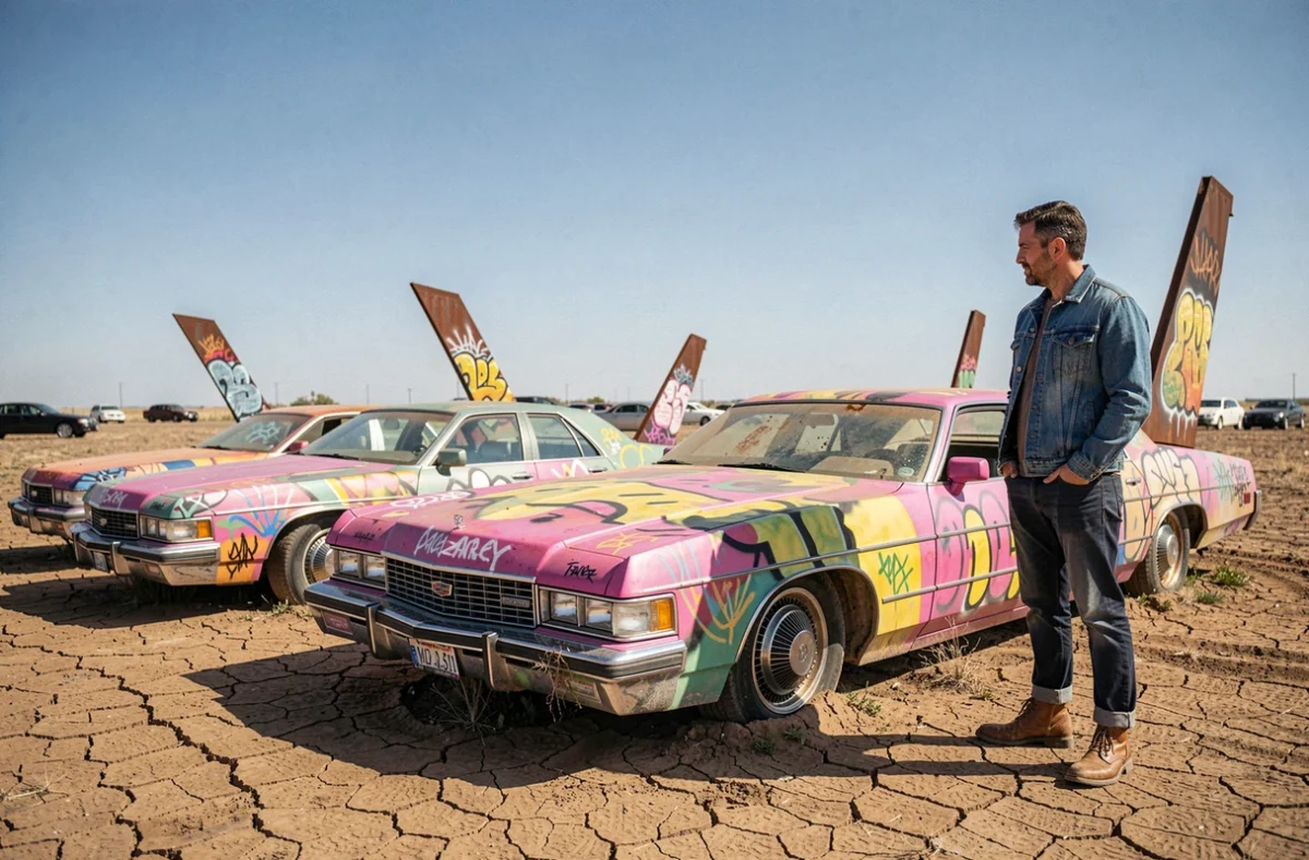 Installation Cadillac Ranch sur la Route 66 avec voitures enterrées couvertes de graffitis colorés et voyageur en veste en jean
