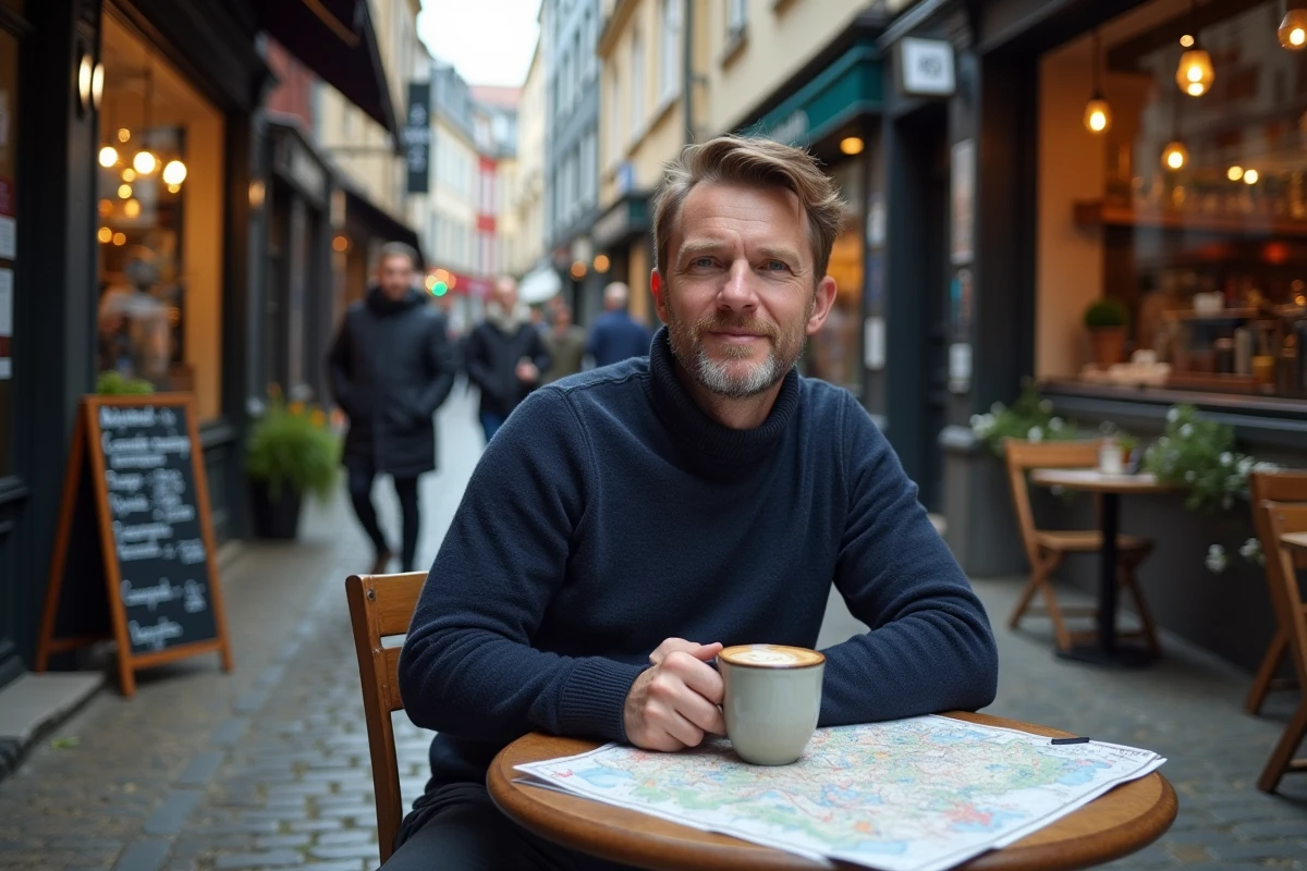 Voyageur attablé dans un café de rue à Bergen avec une carte et un café, illustrant le budget quotidien d'un city trip en Norvège