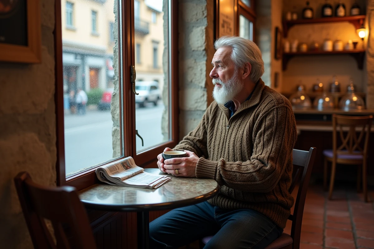 Café traditionnel de Gruissan en hors saison, habitant attablé près de la fenêtre un matin d'hiver
