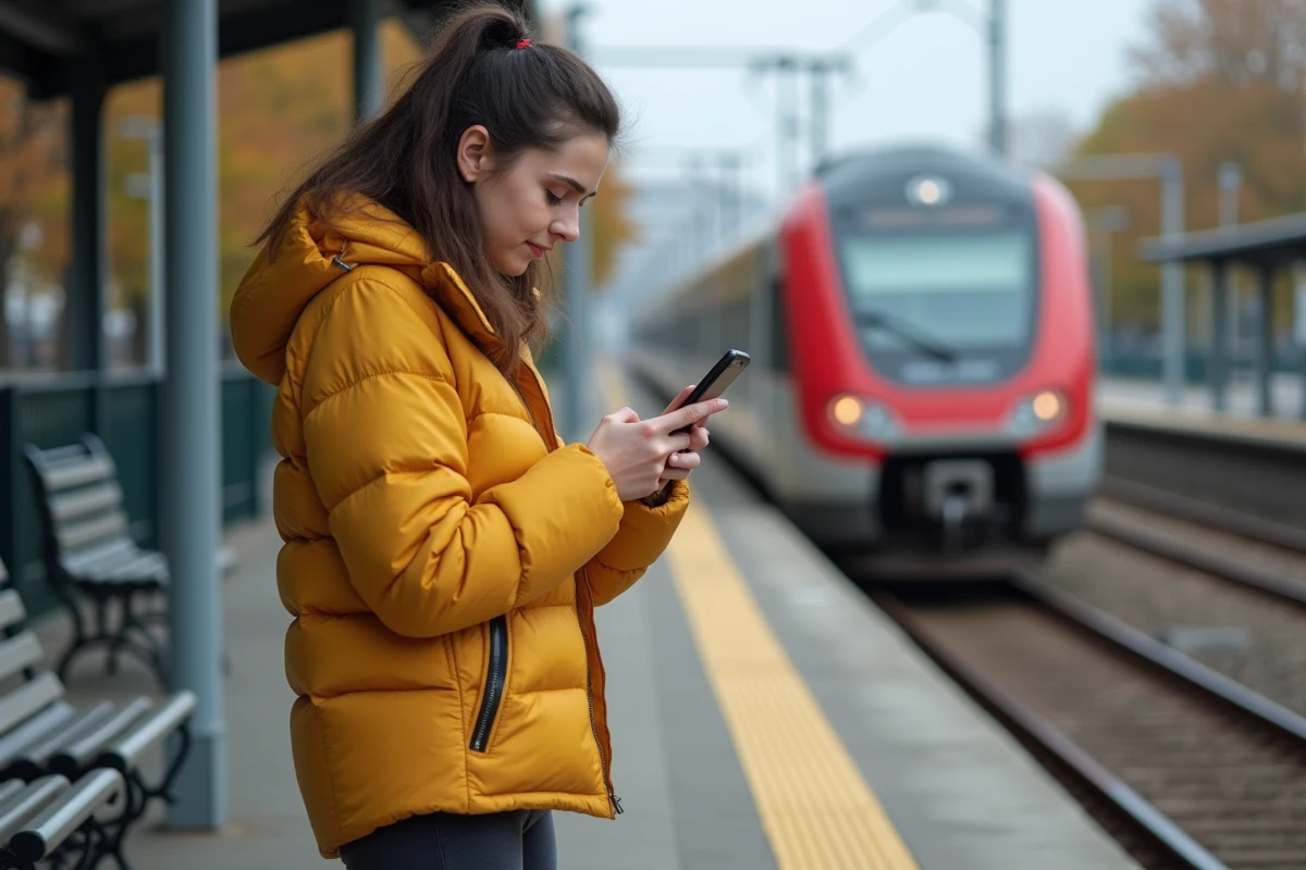 Jeune femme consultant son smartphone sur un quai RER pour calculer les zones de son abonnement Navigo