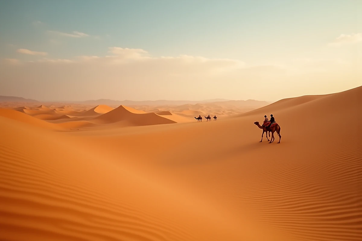 Caravane de chameaux traversant les dunes de sable du Sahara marocain près de Merzouga