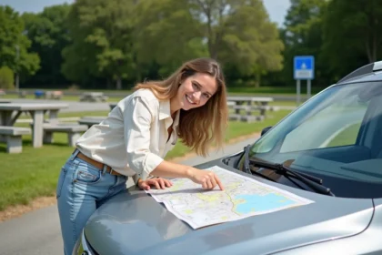 Femme consultant une carte Michelin dépliée sur le capot d'un SUV dans une aire d'autoroute française