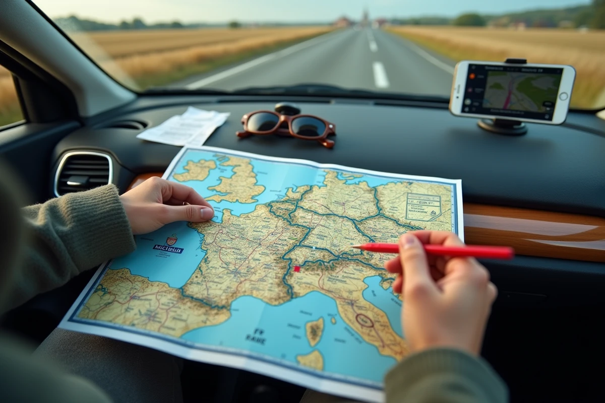 Vue en plongée d'une carte routière Michelin ouverte sur le tableau de bord d'une voiture avec une main traçant un itinéraire