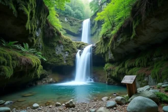 Cascade de la Vis dans les gorges du sud de la France, eau claire tombant sur des rochers calcaires couverts de mousse en 2026