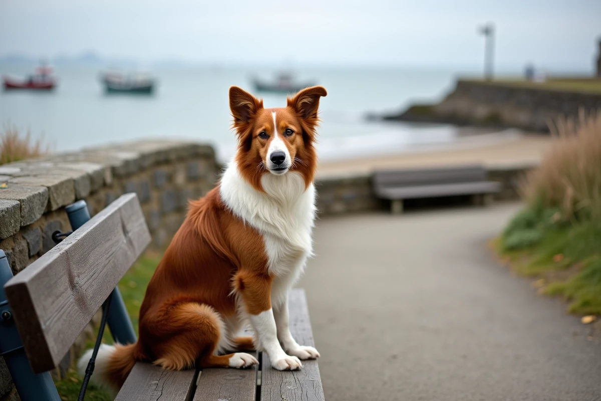 Chien border collie attaché près d'un accès à la plage de Conleau à Vannes, assis sagement sur un banc en bois