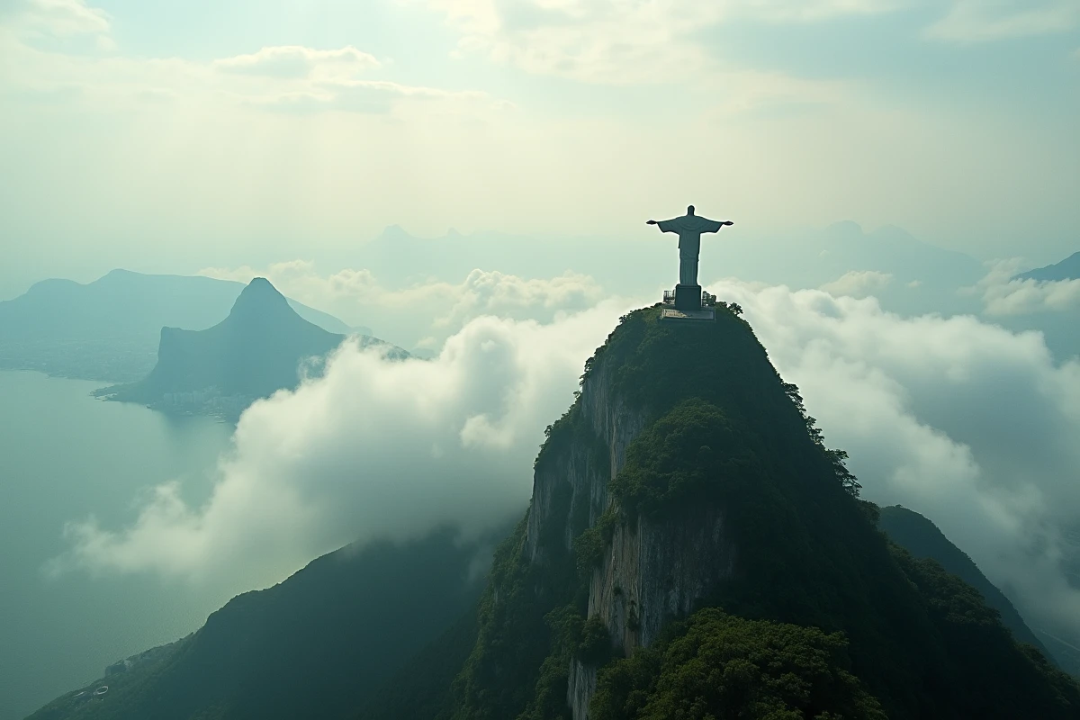 Statue du Christ Rédempteur au sommet du Corcovado avec vue panoramique sur Rio de Janeiro et la baie de Guanabara