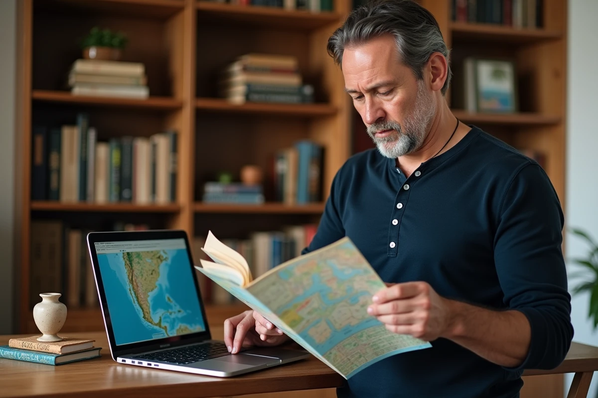 Homme comparant un guide de voyage imprimé et un blog en ligne pour préparer un voyage en Méditerranée