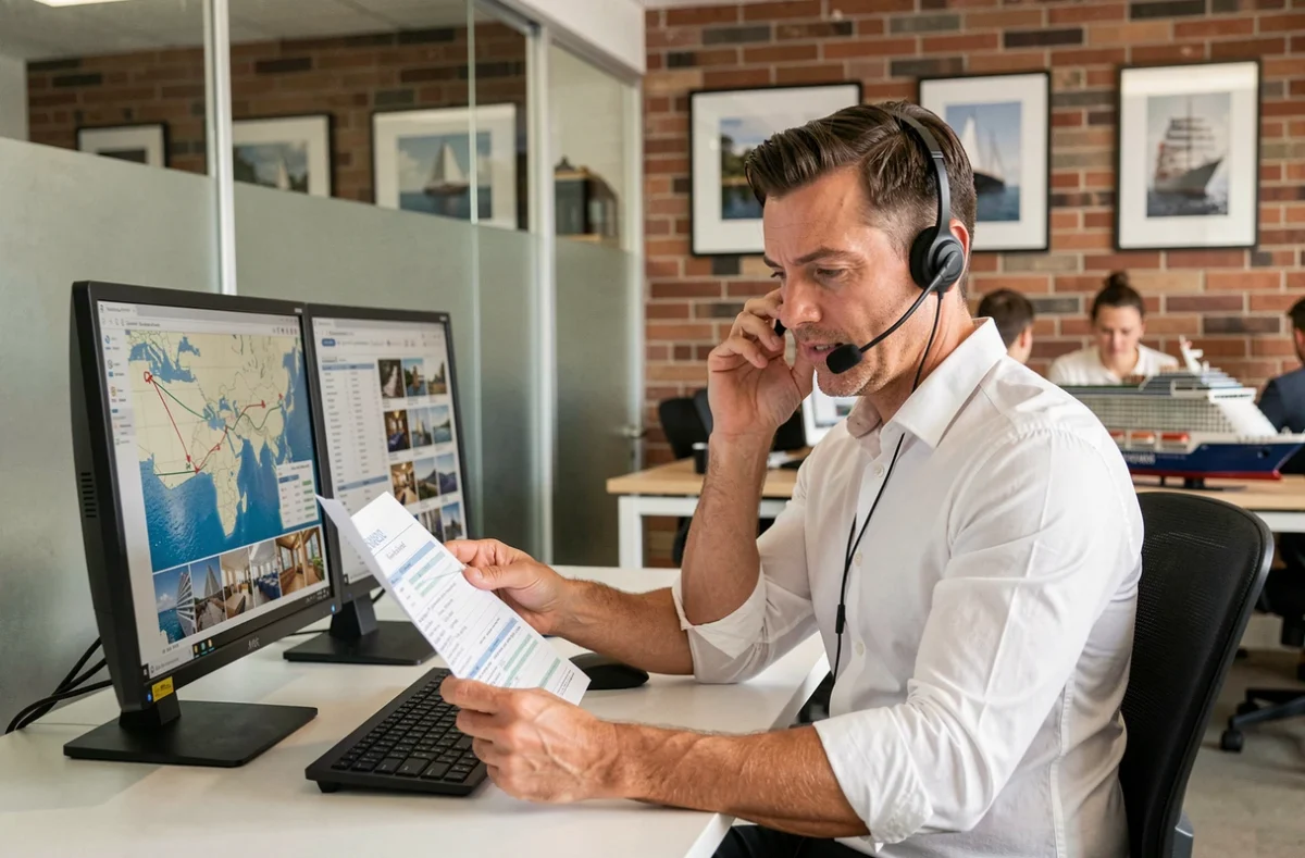 Conseiller en voyages AB Croisières travaillant sur des itinéraires de croisière personnalisés dans un bureau contemporain