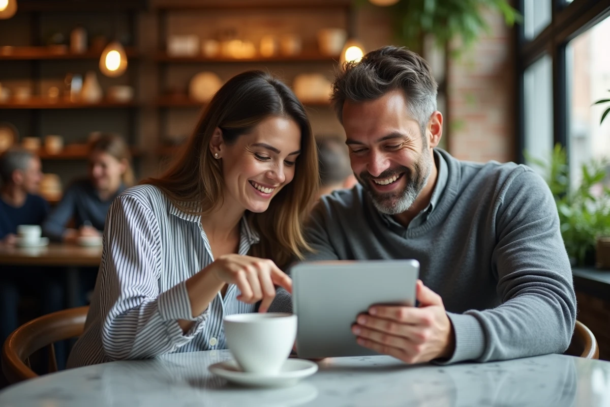 Couple activant leur compte MisterFly Club sur une tablette dans un café pour planifier leurs prochains voyages
