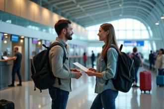 Jeune couple à l'aéroport consulte le personnel