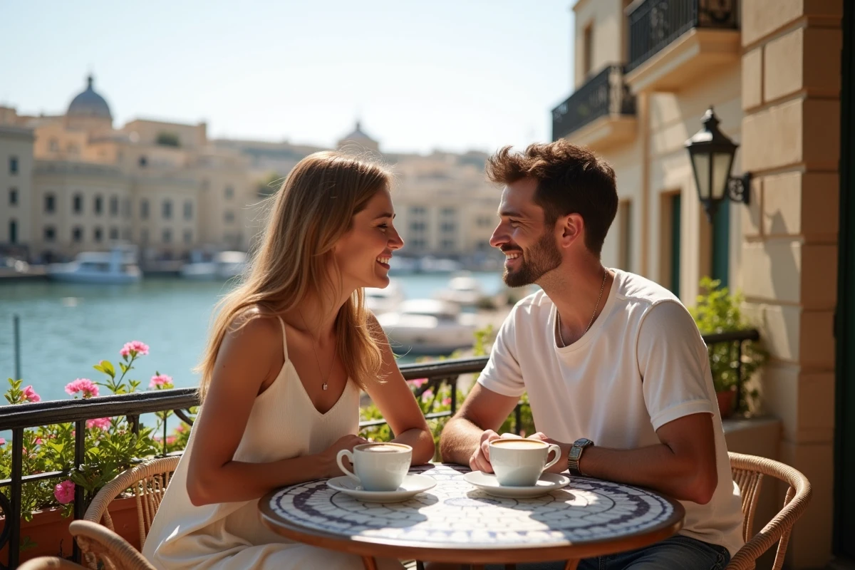 Jeune couple souriant au café face au port de St Pauls Bay