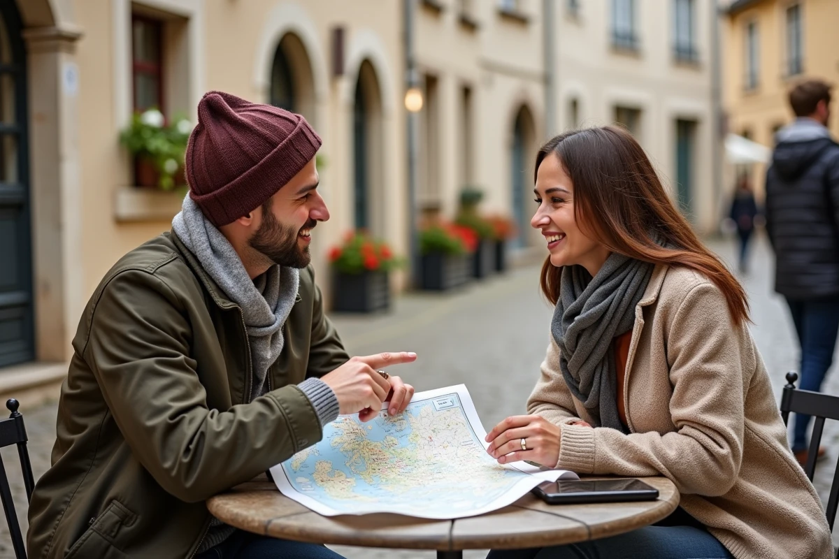Couple en terrasse de café normand planifiant leur circuit touristique à l'aide d'une carte imprimable de Normandie