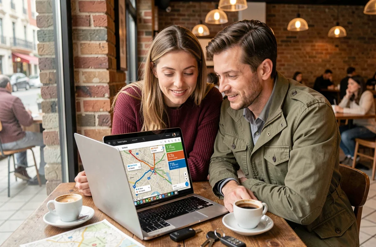 Couple préparant un voyage en voiture avec le calcul d'itinéraire ViaMichelin sur ordinateur portable dans un café
