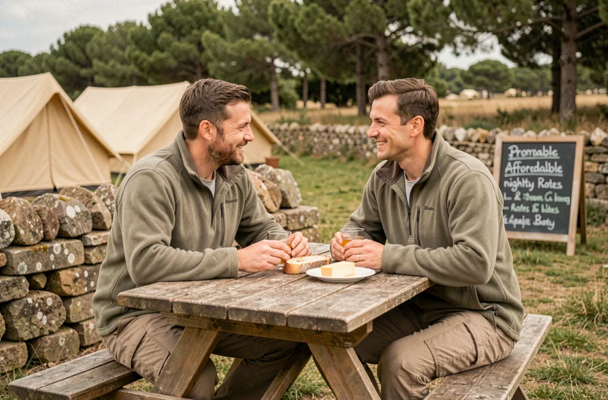 Couple partageant un repas simple dans un camping en pierre en Bretagne Finistère, hébergement petit budget