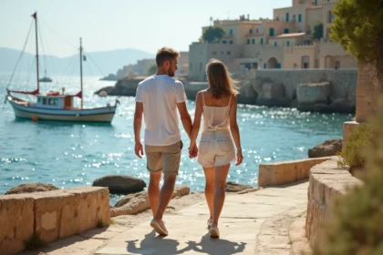 Couple marche sur la côte rocheuse de Malte face à la mer