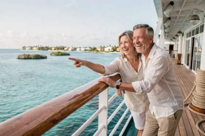 Couple souriant sur le pont d'un bateau de croisière aux Bahamas regardant une baie turquoise