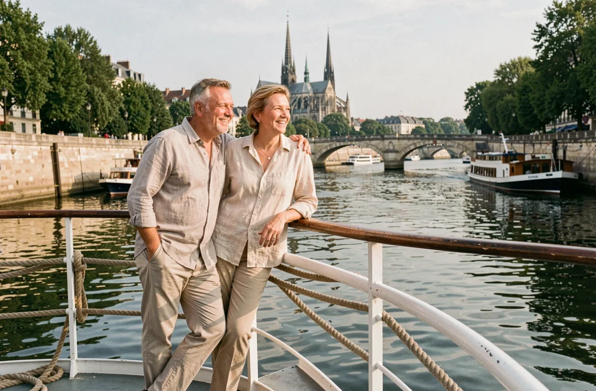Couple de voyageurs souriants sur le pont d'un bateau de croisière fluviale avec panorama de cathédrale gothique en arrière-plan