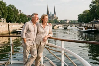 Couple de voyageurs souriants sur le pont d'un bateau de croisière fluviale avec panorama de cathédrale gothique en arrière-plan