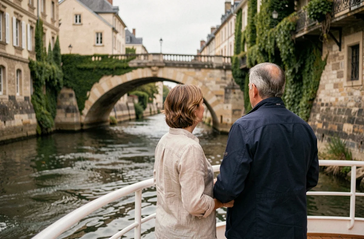 Couple en croisière fluviale passant sous un vieux pont en pierre sur le fleuve en France