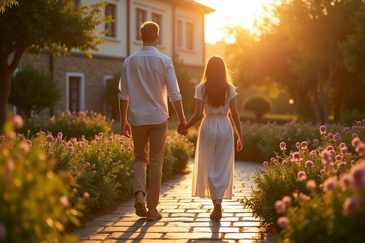 Couple se promenant dans le jardin de l