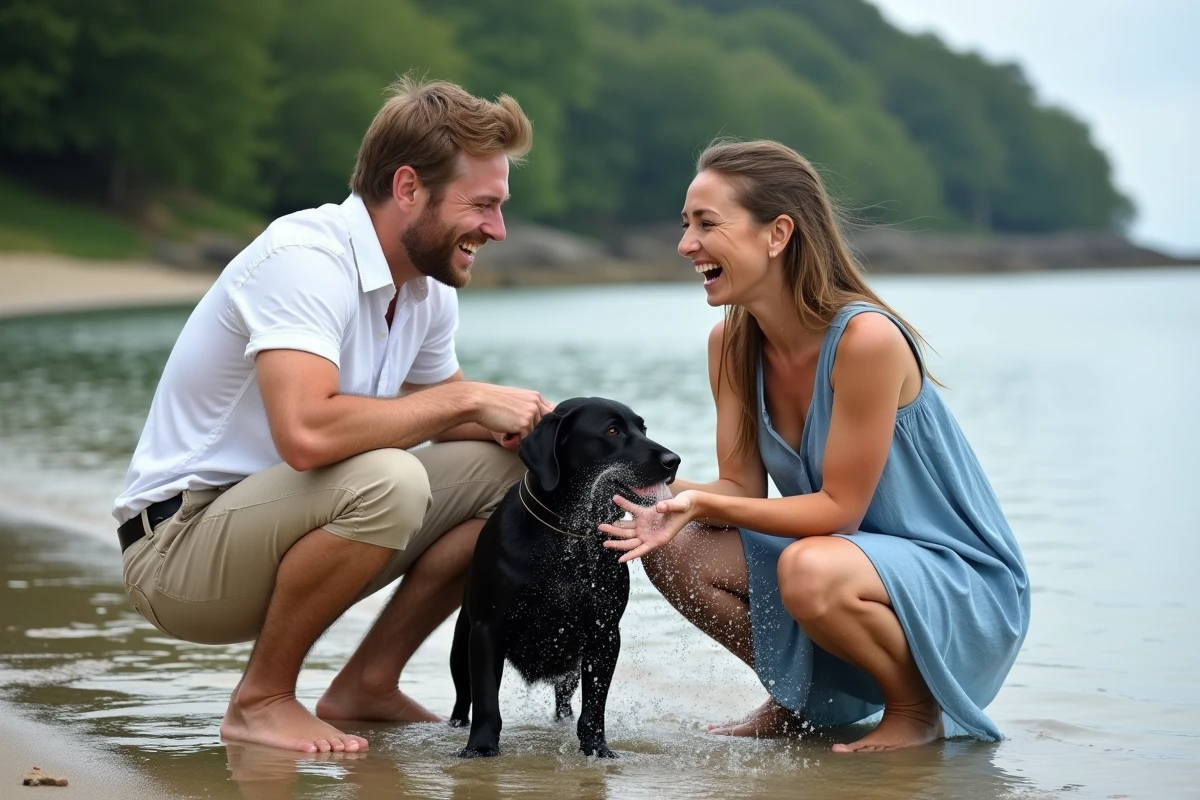 Couple riant avec leur labrador noir qui s'ébroue à la sortie de l'eau sur la plage de Conleau, golfe du Morbihan