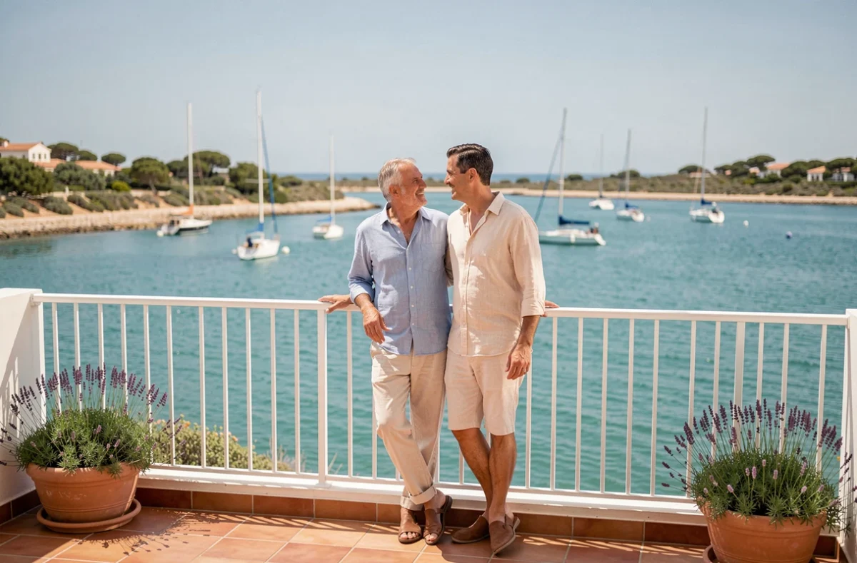 Couple sur la terrasse d'une location de vacances avec vue sur l'étang de Leucate