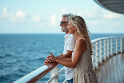 Couple souriant sur le pont d'un navire de croisière