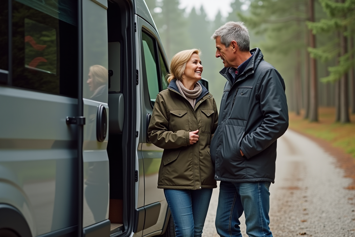 Couple regardant le motorhome dans la nature